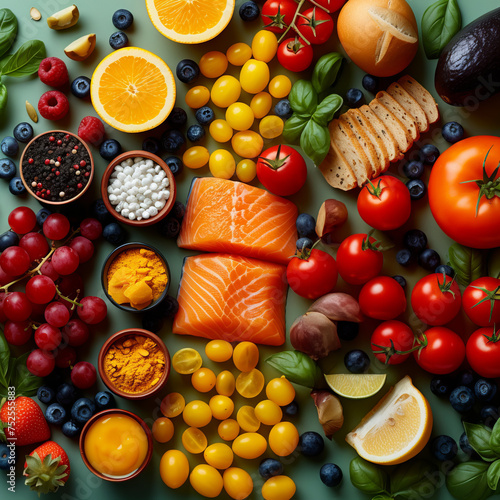  Bright vegetables and fruits  assorted citrus fruits on a plain background with a measuring tape. Healthy and appetizing set of products. Concept  healthy eating and meat-free diets. culinary recipes