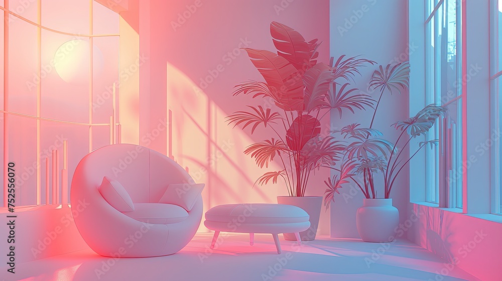 W pokoju znajduje się modny nowoczesny biały fotel, obok kilku roślin doniczkowych, a światło wpada przez duże okno, tworząc atmosferę spokoju i harmonii. Miekkie kolory. Backdrop - obrazy, fototapety, plakaty 