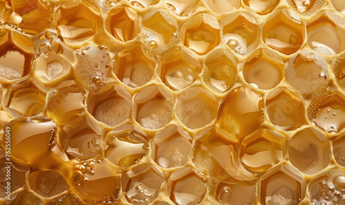 detail of honeycomb texture with flowing honey in close view