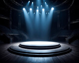 Empty round stage illuminated by spotlights.