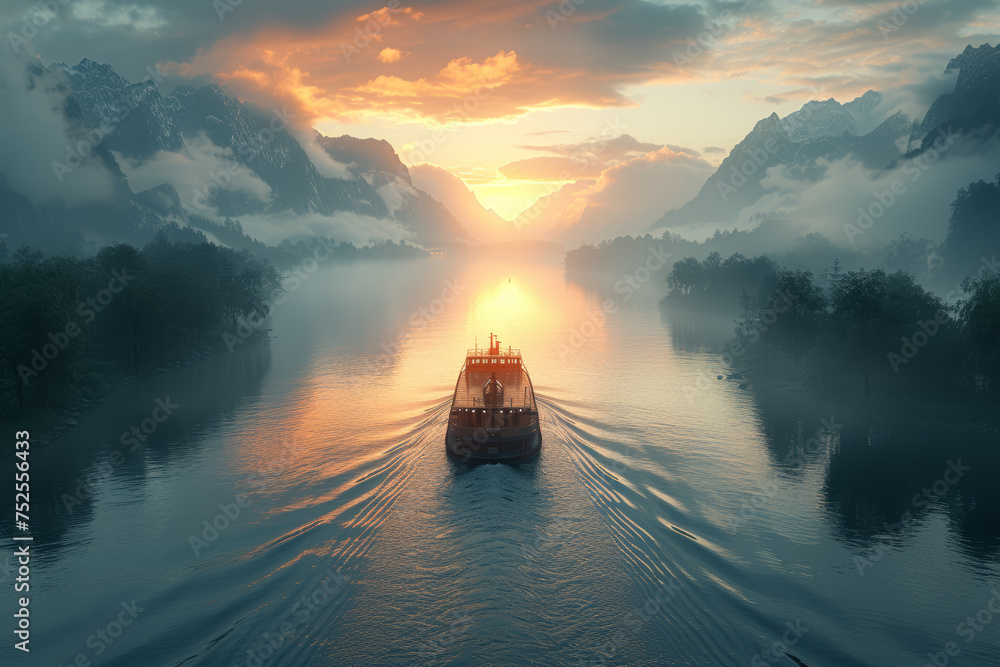 A cargo ferry crossing a serene lake, connecting islands and promoting water-based transportation. Concept of inland water transport. Generative Ai.