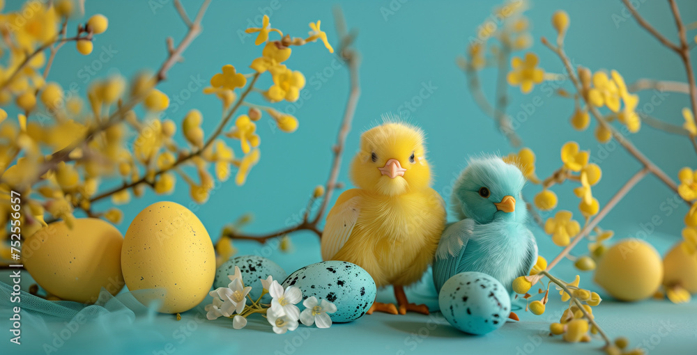 Easter Chicks with Speckled Eggs and Spring Blossoms