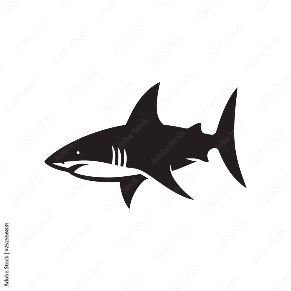 Fototapeta premium Silent Shadows: Black Vector Shark Silhouette - Capturing the Stealth and Majesty of Nature's Oceanic Apex Predator. Minimalist Shark illustration.