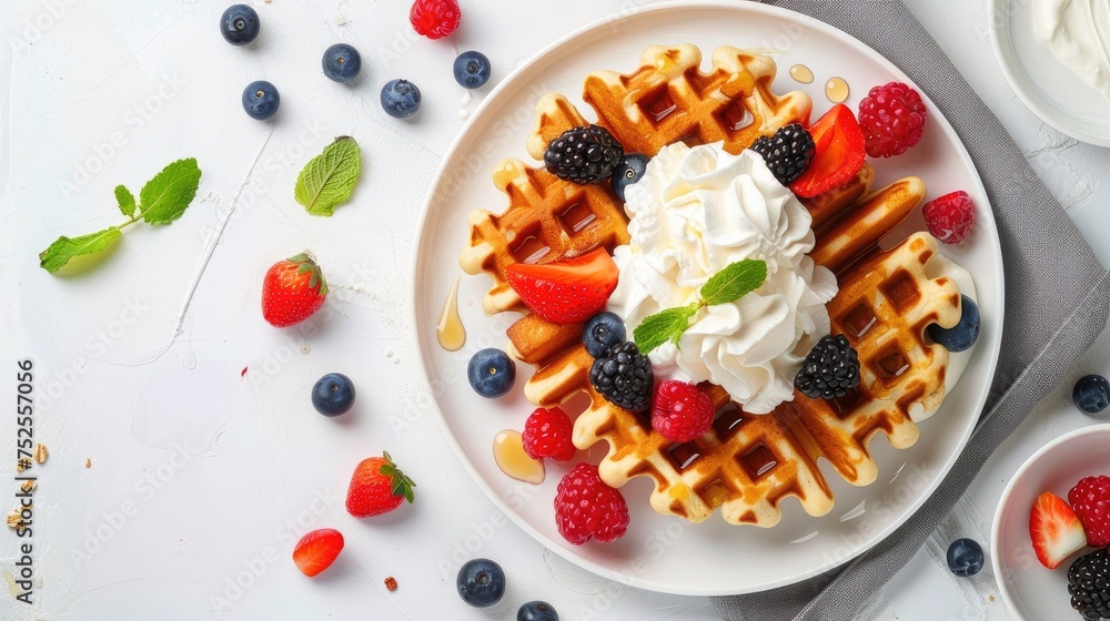 children's breakfast with a top-down capturing a plate adorned with one waffle, assorted fruits, berries, and whipped cream on a white table, leaving ample space for text. children's breakfast with a top-down capturing a plate adorned with one waffle, assorted fruits, berries, and whipped cream on a white table, leaving ample space for text.