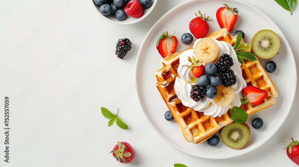 children's breakfast with a top-down capturing a plate adorned with one waffle, assorted fruits, berries, and whipped cream on a white table, leaving ample space for text. children's breakfast with a top-down capturing a plate adorned with one waffle, assorted fruits, berries, and whipped cream on a white table, leaving ample space for text.