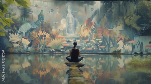 Osoba w pozycji lotosu siedzi przed malowidłem, skupiona i praktykująca uważność na swoim otoczeniu.