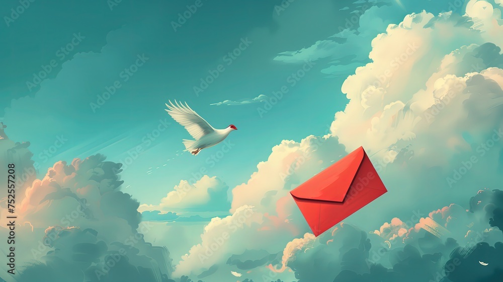 Ptak lecący nad czerwoną kopertą na niebie - obrazy, fototapety, plakaty 