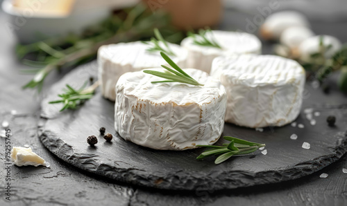 fresh goat cheese wheels with rosemary on a rustic slate background