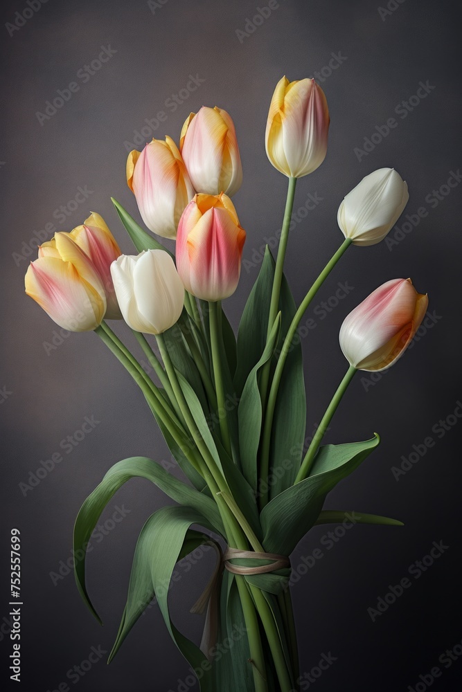 Bouquet of Soft Pink and White Tulips Against Dark Backdrop Bouquet of Soft Pink and White Tulips Against Dark Backdrop