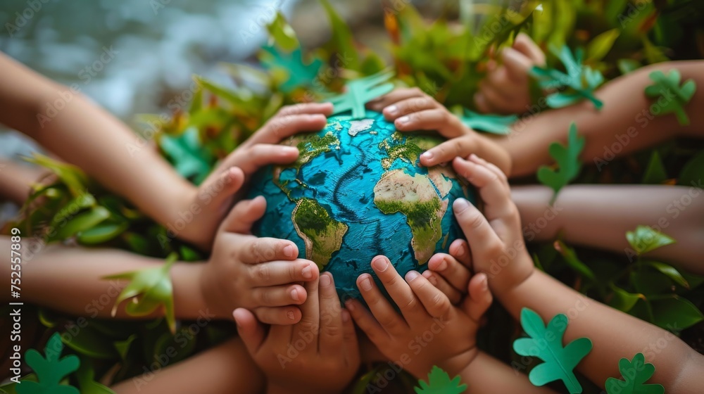 Green and blue sphere Earth, made of kraft paper and covered by the hands of children protecting it. Mother Earth Day greeting and celebration concept. Generative ai Green and blue sphere Earth, made of kraft paper and covered by the hands of children protecting it. Mother Earth Day greeting and celebration concept. Generative ai
