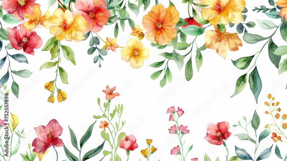 Watercolor texture featuring a hand-drawn colorful floral set with yellow, pink, and red blossom plants, ideal for cards, prints, and invitations. Vector format