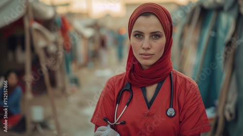 Young nurse volunteer in refugee camp, providing critical healthcare and support amidst a humanitarian tragedy. Generative ai