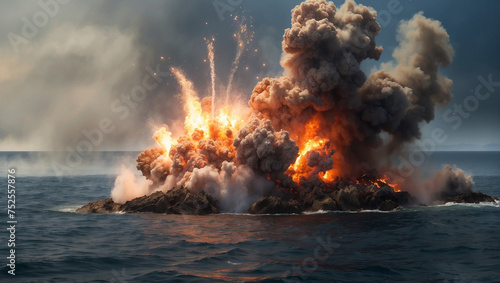 Detonation in sea with lots of smoke, fire and sparks