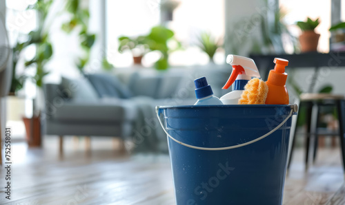 house cleaning essentials in a blue bucket ready for tidy up