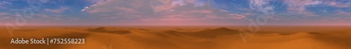 Panorama of sand desert at sunset, dunes and dunes under blue sky, 3D rendering