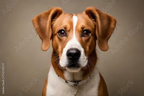 cute close up portrait of a dog looking to the camera on neutral background created with generative ai technology © Alena Yakusheva
