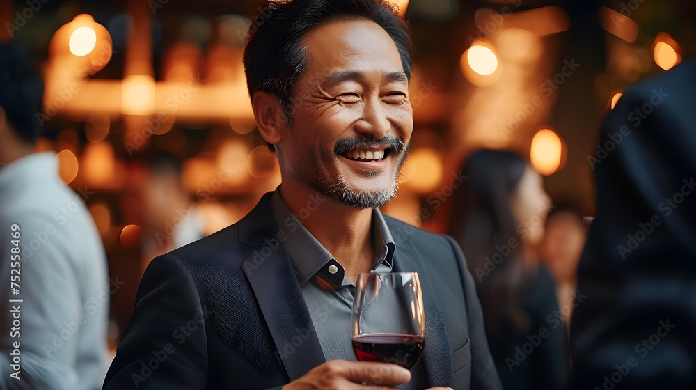 a happy modern Asian man with a glass of expensive wine against the backdrop of a trendy restaurant. Smiling a happy modern Asian man with a glass of expensive wine against the backdrop of a trendy restaurant. Smiling