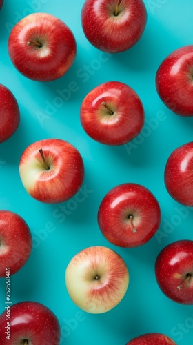 Pattern composition of apples on blue background. Minimalist isometric food concept.