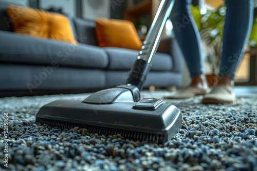 close up of modern vacuum cleaner on textured carpet in cozy home setting
