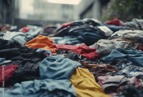 Fast fashion background with pile of cheap low quality clothes Garment made in unjust inhumane condi (1).jpg photo