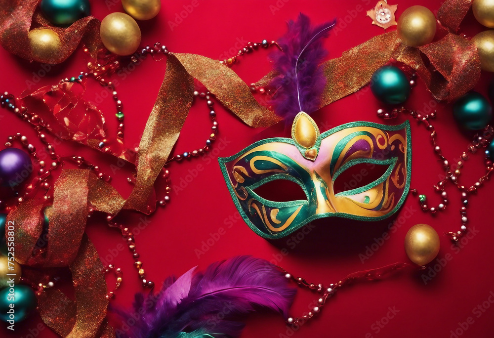 Festive colorful mardi gras or carnivale mask and accessories over red background Party invitation masquerade party for venetian festival