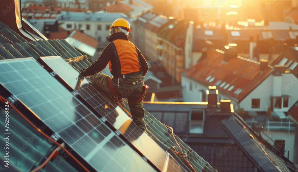 Fototapeta premium Man work on a solar panel. Generative AI