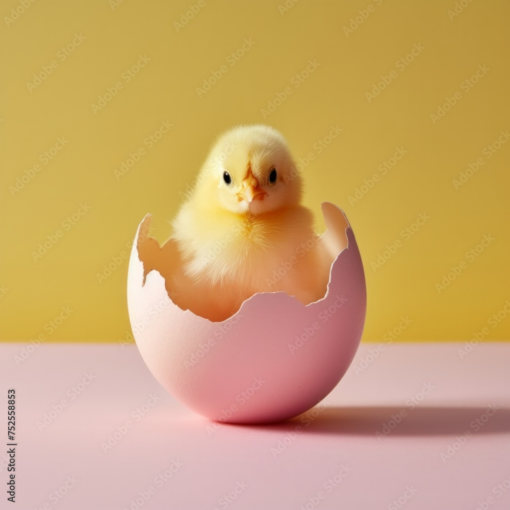 Cute Yellow Chick Emerging from a Pink Eggshell on Yellow Background. Minimalistic easter concept Cute Yellow Chick Emerging from a Pink Eggshell on Yellow Background. Minimalistic easter concept