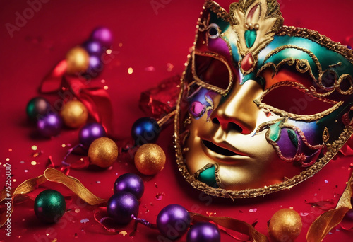 Festive colorful mardi gras or carnivale mask and accessories over red background Party under masks © FrameFinesse