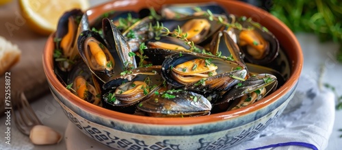 Delicious bowl of freshly steamed mussels with sliced lemon and parsley garnish