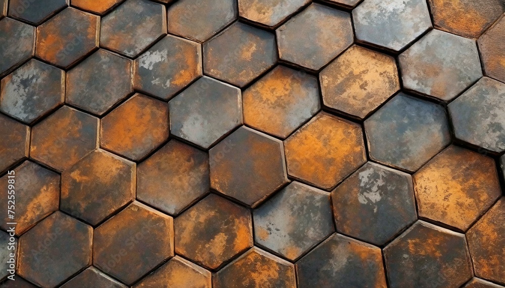 Industrial Charm: Worn Iron Surface Surrounded by Dark Steel Hexagonal Pattern Industrial Charm: Worn Iron Surface Surrounded by Dark Steel Hexagonal Pattern