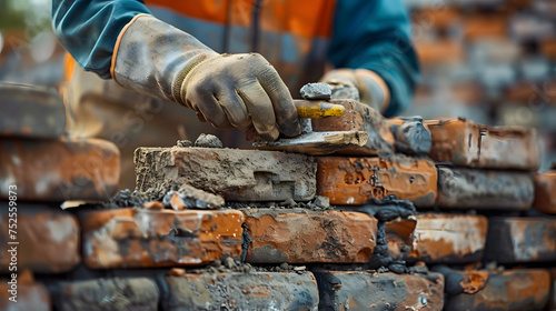 A bricklayer constructs a stone wall using wood, metal tools, and building materials like bricks and rocks. photo