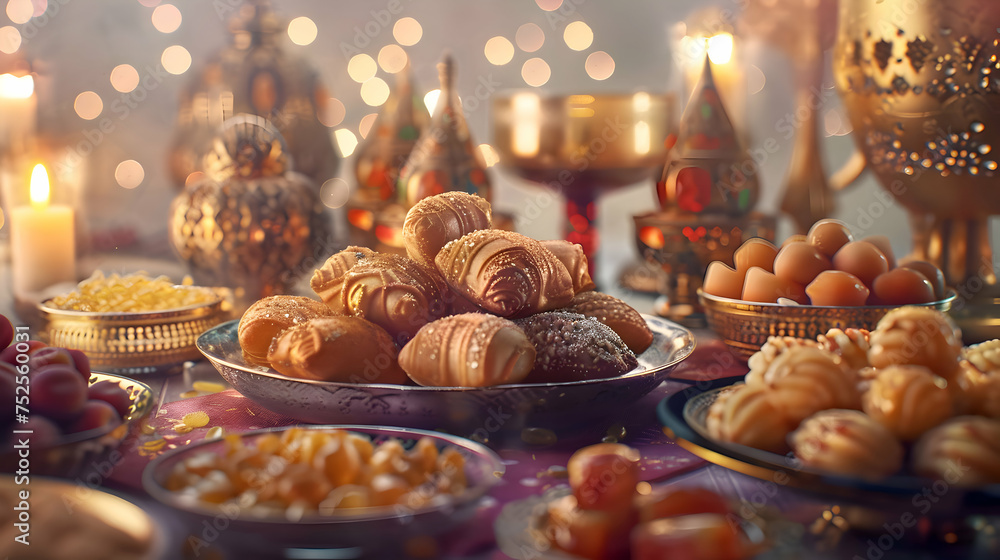 Traditional Ramadan Eid al-Fitr Sweets- Eid Mubarak Background with Assorted Middle Eastern Desserts Traditional Ramadan Eid al-Fitr Sweets- Eid Mubarak Background with Assorted Middle Eastern Desserts