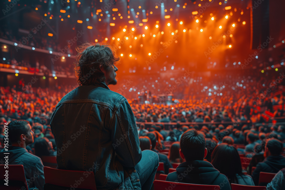A split-screen image featuring a crowded, bustling concert and a serene, acoustic performance. Concept of musical contrasts. Generative Ai.