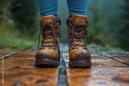 A close-up of a hiker's muddy boots against a clean, tiled floor, symbolizing the transition from nature to urban spaces. Concept of outdoor exploration. Generative Ai.