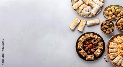 Eid Al Fitr Feast- Mubarak Background with Mouthwatering Arabic Sweets and Dates on grey background. Top view with copy space for text photo