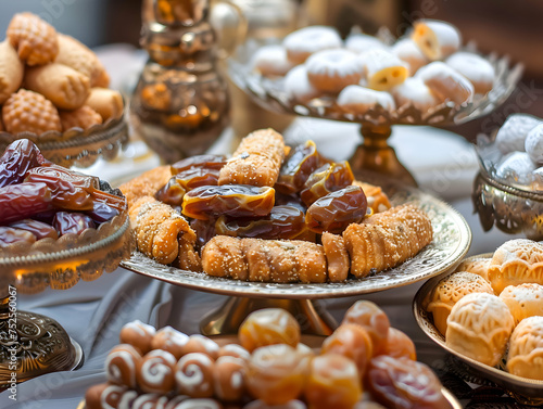 Traditional Ramadan Eid al-Fitr Sweets- Eid Mubarak Background with Assorted Middle Eastern Desserts photo