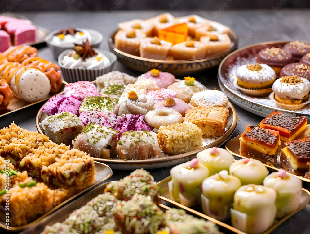 Traditional Ramadan Eid al-Fitr Sweets- Eid Mubarak Background with Assorted Middle Eastern Desserts Traditional Ramadan Eid al-Fitr Sweets- Eid Mubarak Background with Assorted Middle Eastern Desserts