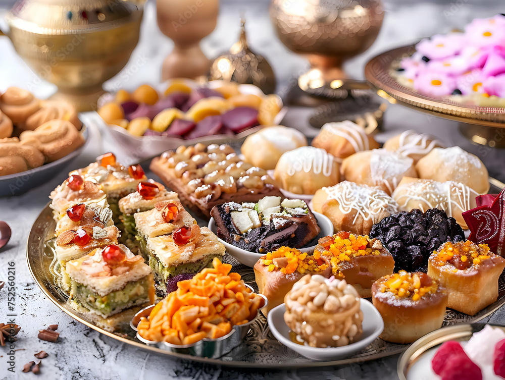 Traditional Ramadan Eid al-Fitr Sweets- Eid Mubarak Background with Assorted Middle Eastern Desserts Traditional Ramadan Eid al-Fitr Sweets- Eid Mubarak Background with Assorted Middle Eastern Desserts
