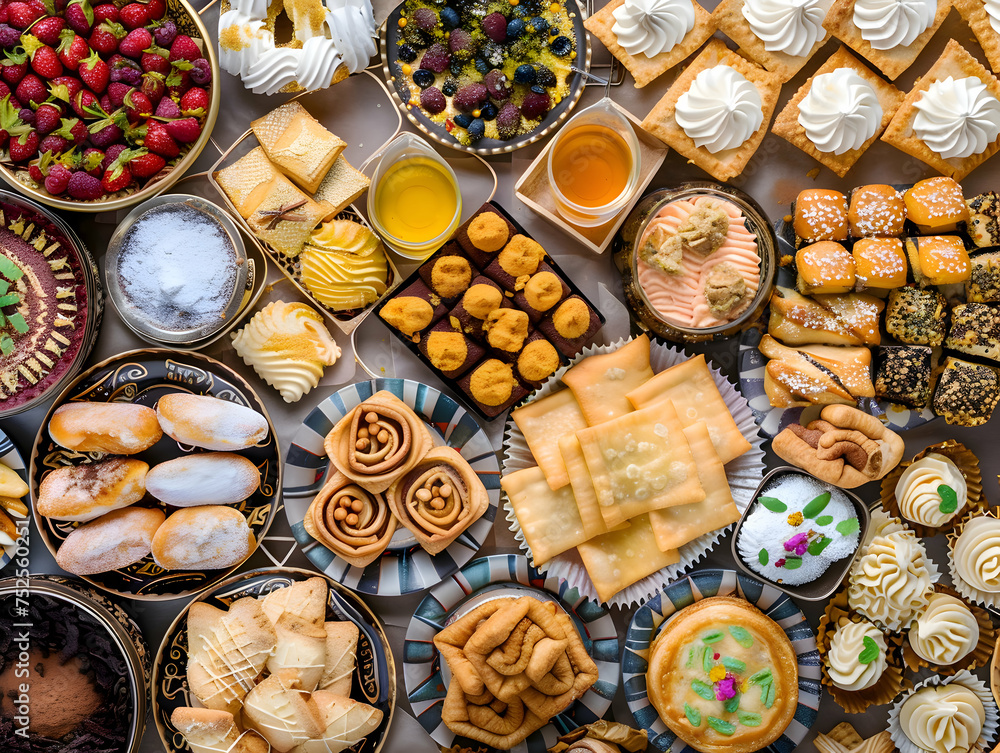 Traditional Ramadan Eid al-Fitr Sweets- Eid Mubarak Background with Assorted Middle Eastern Desserts