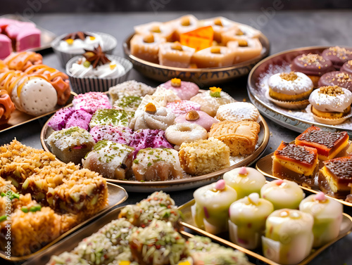 Traditional Ramadan Eid al-Fitr Sweets- Eid Mubarak Background with Assorted Middle Eastern Desserts
