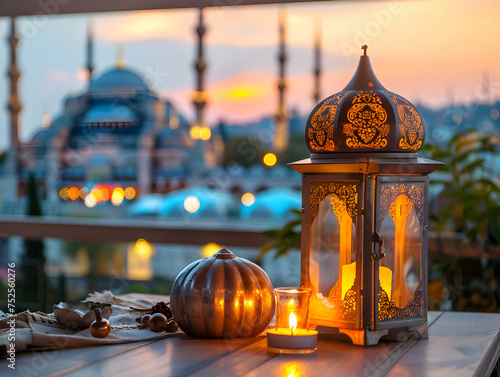 Arabic lantern and candles on the table with view of city mosque at sunset, ramadan and eid-al-fitr atmosphere.