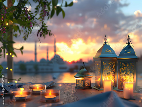 Arabic lantern and candles on the table with view of city mosque at sunset, ramadan and eid-al-fitr atmosphere.