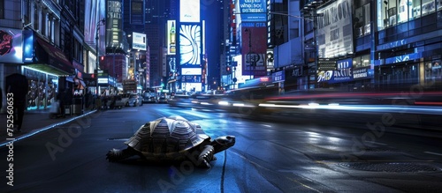 tortoise moves slowly in the city photo