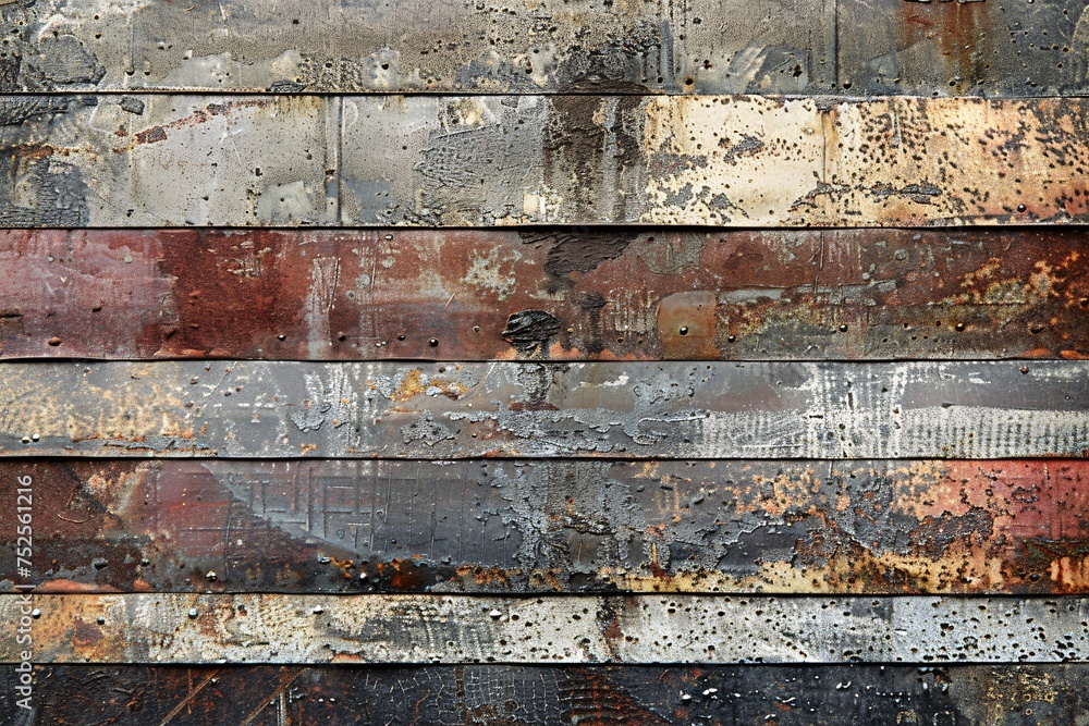 Weathered Zinc Sheets Arranged in Layers, Featuring Rust and Age Signs