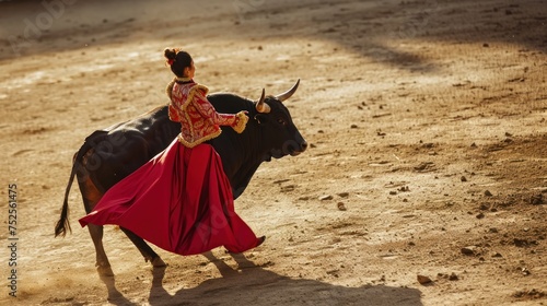 a bullfighter in a red costume in the bullfight. Bullfight Concept. Encierro. San Fermin concept with Copy Space.