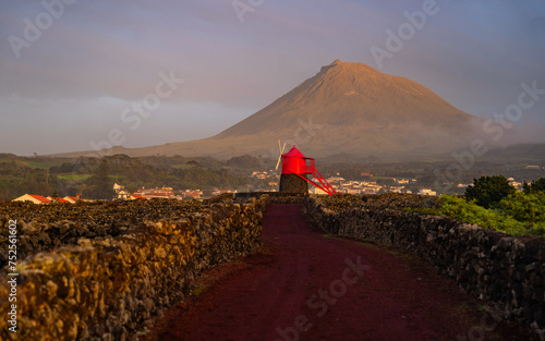Fotografie Traditional red windmill surrounded by volcanic stone vineyards on Pico Island in the Azores, Portugal
