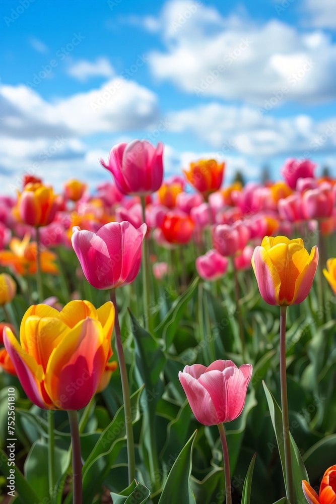a field of tulips with blue sky and clouds