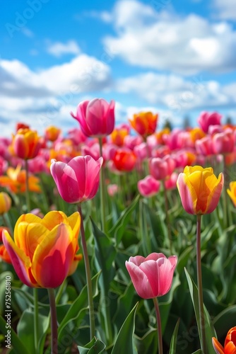 a field of tulips with blue sky and clouds