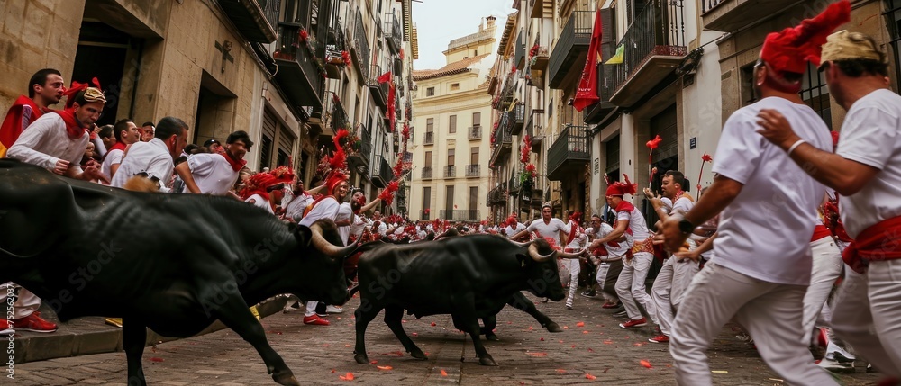 People running from the bull during Encierro,  San Fermin. Runners in Encierro. Bullfight Concept. Encierro. San Fermin concept with Copy Space.