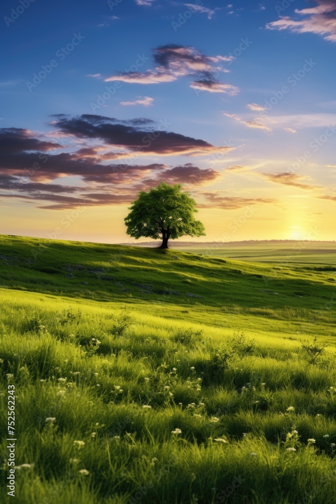 A serene image of a lone tree in a grassy field at sunset. Suitable for nature and landscape themes